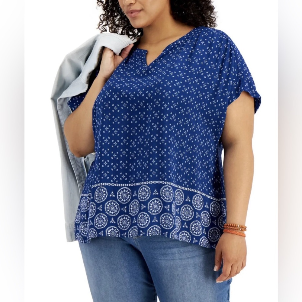 Style & Co blue print blouse Pl NWT